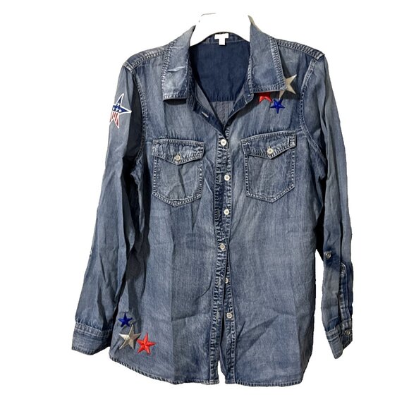 Reba Light Denim Button Up Shirt Patriotic Stars Size Medium - Picture 1 of 5